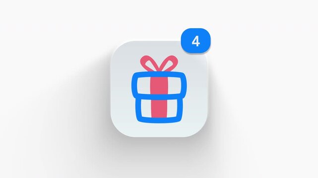 Gift box app icon featuring an animated notification badge with number counter increasing from 1 to 99, dynamic shadow effect, minimalist concept for surprise reward updates, on white background.