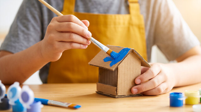 Child painting cardboard house with blue paint. Craft activity, DIY project, creativity, education, home decor.