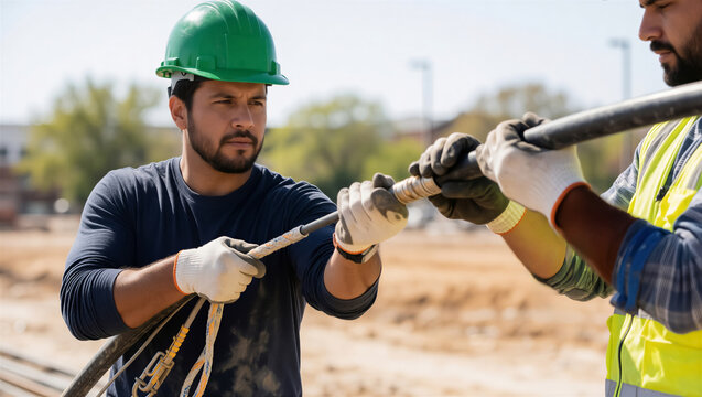 Professional construction worker wearing hard hat and safety gear while pulling a cable on a sunny building site
