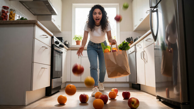 Woman dropping a bag of fresh fruit in a kitchen. Surprised lady losing grocery items on the floor