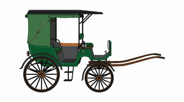 Traditional Green Horse Drawn Carriage Illustration with Four Wheels and Canopy for Vintage Travel and History