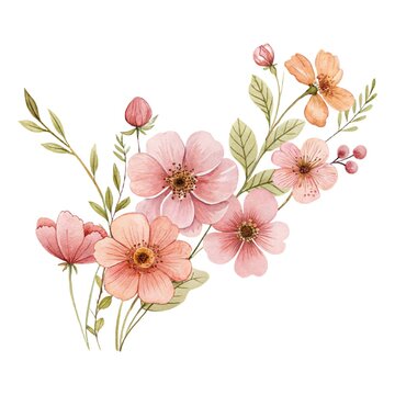 Detailed watercolor illustration of a beautiful floral arrangement with tender pink and peach flowers and leaves isolated