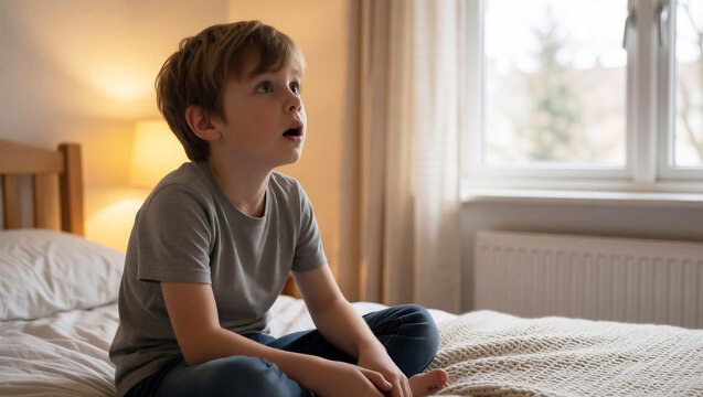 A young boy sitting on a bed with an amazed expression. The child looks up in surprise while relaxing in a cozy bedroom setting