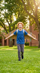 Fototapeta premium Boy wearing cardboard wings running on grass laughing. Outdoor play, childhood imagination, education, summer activities.