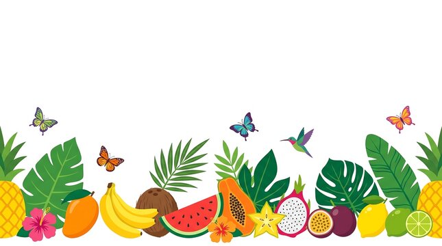 Tropical fruit border with exotic leaves and butterflies on white background
