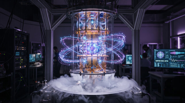 A Stunning Centerpiece of Quantum Technology Emanating Blue Plasma Rings and Encased in Glass Amidst a Laboratory Setting