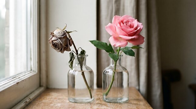 Elegant minimalist floral arrangement with dried and fresh roses in glass vases by sunny window