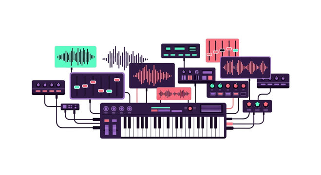 Electronic Music Production Vector Illustration with MIDI Keyboard, Synthesizer, Sound Waves, and Audio Mixer Elements on White Background