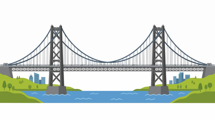 Fototapeta premium Large Suspension Bridge Connecting Green Hills Over Blue Water with City Skyline Background Landscape Illustration