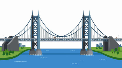 Fototapeta premium Modern Suspension Bridge Crossing Over Deep Blue River with Green Park Banks and City Buildings Landscape