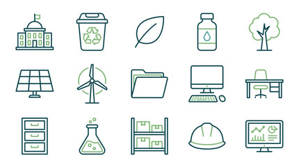 Fototapeta premium Diverse vector line icon set for business, environmental, and industrial concepts.