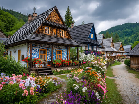 Čičmany traditional village with white geometric painted wooden houses, colorful flowers, mountain scenery, authentic Slovak heritage, ultra detailed, HDR, no people