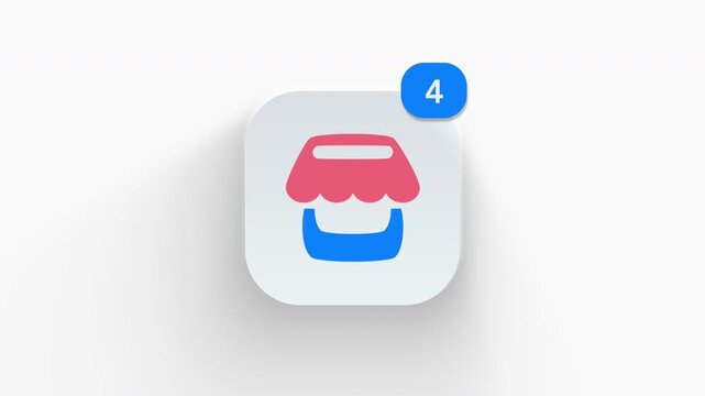 Street food stall app icon featuring an animated notification badge with number counter increasing from 1 to 99, dynamic shadow effect, minimalist concept for market shop updates, on white background.