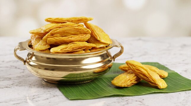 Traditional Kerala Sweet Madakk Boli Flaky Layered Pastry in Golden Brass Uruli with Banana Leaf on Marble Table