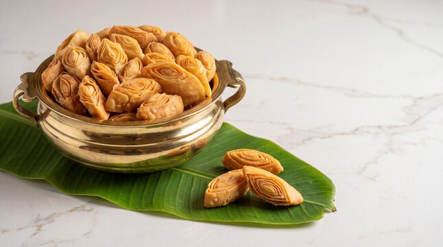 Traditional Kerala Sweet Madakk Boli Flaky Layered Pastry in a Golden Brass Uruli on Banana Leaf and White Marble Background with Copy Space