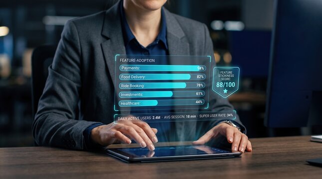Super app analytics dashboard on tablet showing feature adoption, user engagement, payments, food delivery, ride booking, investments and healthcare usage