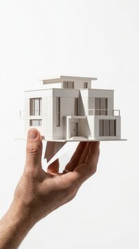 Hand holding modern white model house for real estate concept
