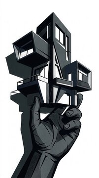 Hand holding modern architectural model building concept illustration