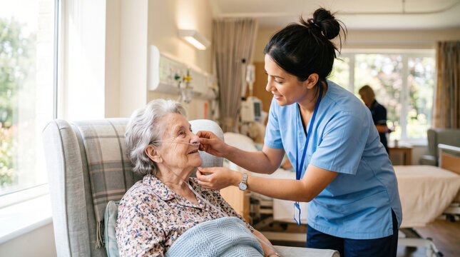 Nurse caring for elderly woman in hospital room with gentle attention and compassionate support during bedside care
