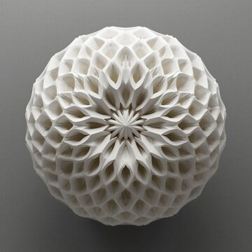 Minimalist geometric sculptural sphere with an intricate honeycomb-like and starry floral pattern