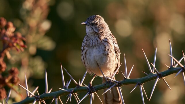 Curve-billed thrasher perched on a thorny cactus branch during golden hour