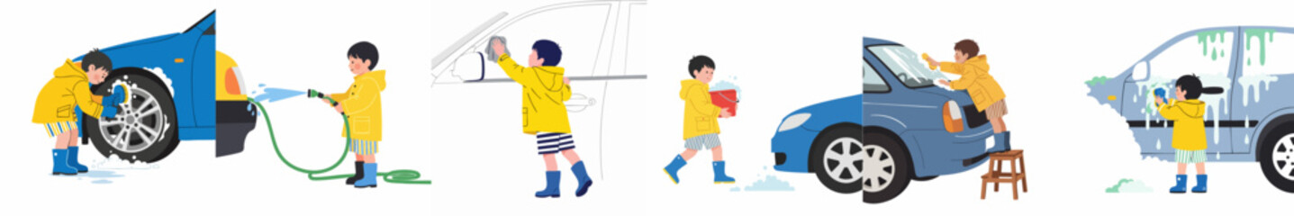 Illustration sequence of a young boy in a yellow raincoat and boots diligently washing a blue car using various tools.