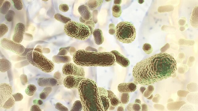 Acinetobacter baumannii biofilm, 3D animation showing clustered coccobacillary cells embedded in extracellular polymeric matrix with dense layered microbial structure.