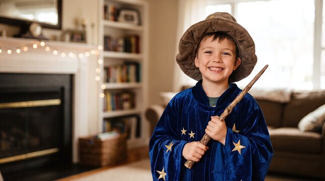 Little Wizard Holding Wooden Wand
