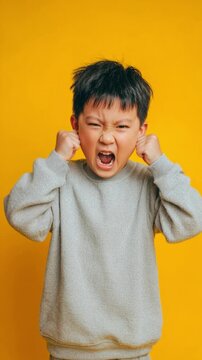 A young boy expresses frustration and covers his ears against loud noise, against a vibrant yellow background, capturing the essence of childhood emotions in motion.