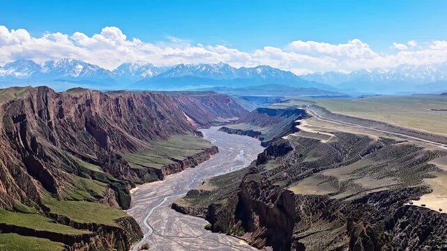 Aerial view of the canyon with a riverbed and a snow-capped mountain range under a blue sky in Anjihai Grand Canyon, Xinjiang, China