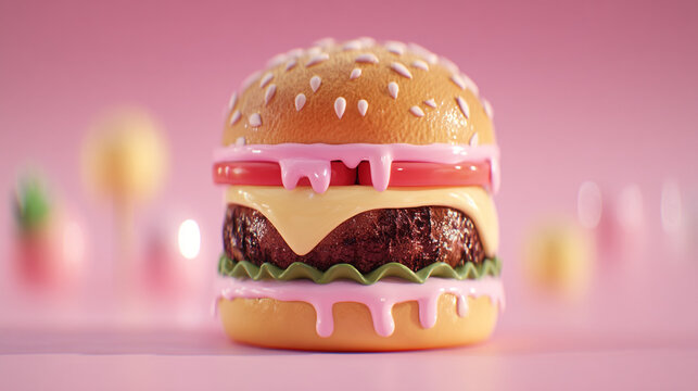 Small gourmet burger with pink frosting and sprinkles on a pink studio background