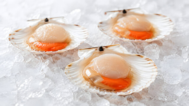 Fresh Scallops in Open Shells on Crushed Ice Close Up