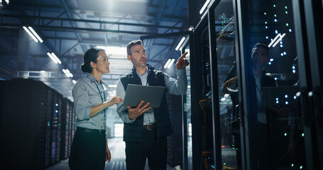 Obraz na płótnie Canvas Caucasian Male Engineer Holding Laptop Computer Points up at Server Rack Hardware While Asian Female Supervisor Observes, Two Data Center Specialists Conducting Cloud Storage Capacity Audit