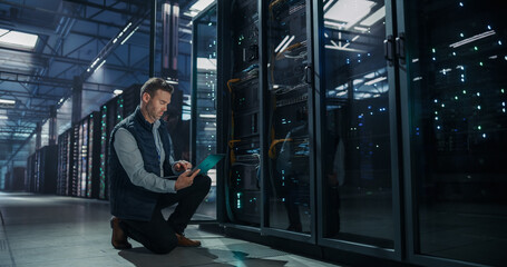 Fototapeta premium Caucasian Male Network Engineer Kneeling on Floor Beside Server Rack Cabinet, Using Laptop Computer for System Maintenance and Performance Monitoring in Modern AI Data Center Facility