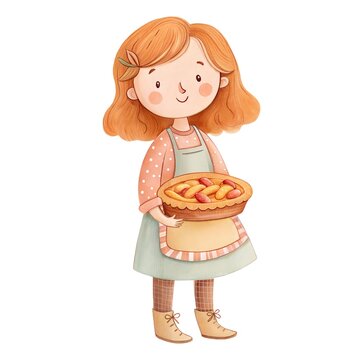 Cute watercolor illustration of a little girl in an apron holding a freshly baked fruit pie isolated