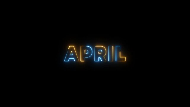Neon sign spelling APRIL in blue and orange glowing text on a black background modern typography for event promotion or seasonal themes