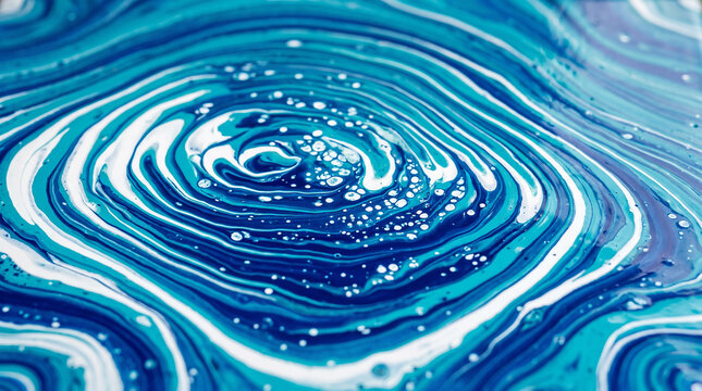 Abstract macro close-up of blue and white swirling liquid creating concentric wave pattern