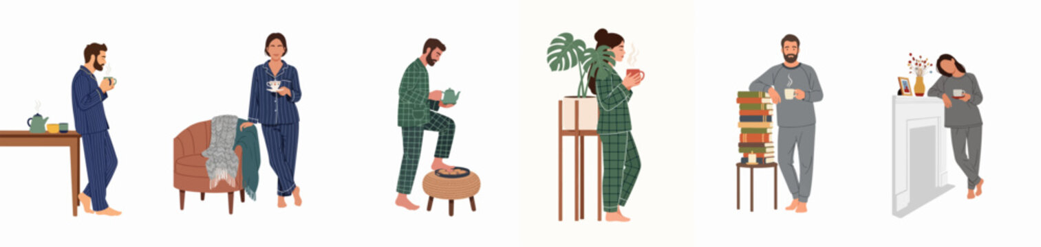 Set of diverse men and women in various pajamas enjoying a morning beverage and relaxing at home, flat vector illustration on white background