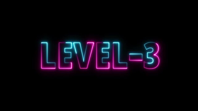 Level-3 neon bright text font, colorful motion animation. Glowing neon text Level 3 icon animation. Level three message. Game displaying level 3. Futuristic Neon Level 3. Neon level 3 up sign.
