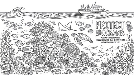 Obraz premium Modern Black and White of Marine Conservation Protect Our Oceans with Coral Reefs Sea Creatures and Eco Conservation Boat