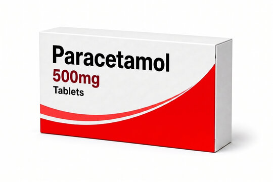 White and red cardboard box for Paracetamol 500mg tablets