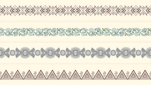 Four decorative border lines with geometric and floral patterns isolated on a transparent background