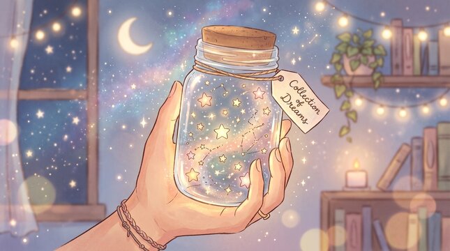 Hand holding glowing glass jar filled with magical starlight and dollar bills for financial dreams concept