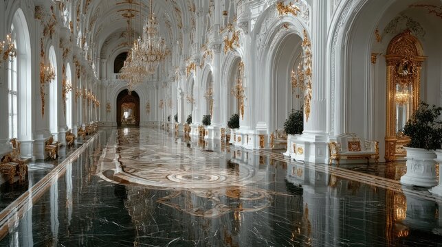 Long palatial corridor with ornate gold accents, columns, and a reflective marble floor
