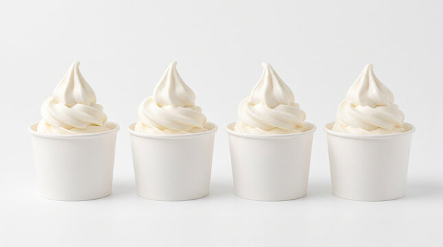 Four cups of vanilla soft serve ice cream in white paper cups on white background