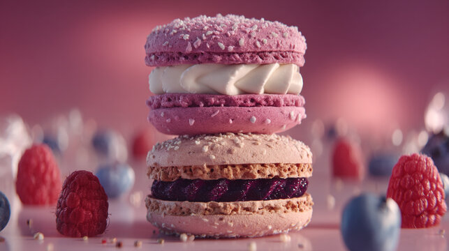 Stacked raspberry and berry flavored macarons surrounded by fresh fruit with raspberry