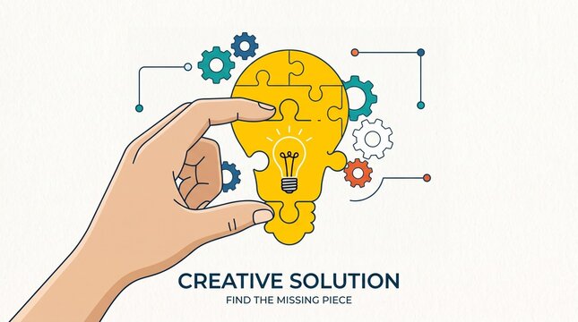 Hand holding glowing light bulb with puzzle pieces inside representing creative business solutions and innovation