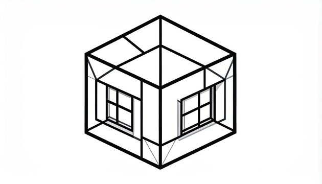 Minimalist line drawing of a transparent glass box house.