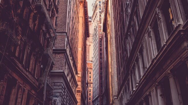 Narrow street canyon with tall buildings framed from a ground-level perspective