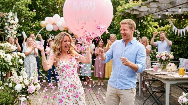Excited couple reveals baby girl with pink confetti and balloons at garden party